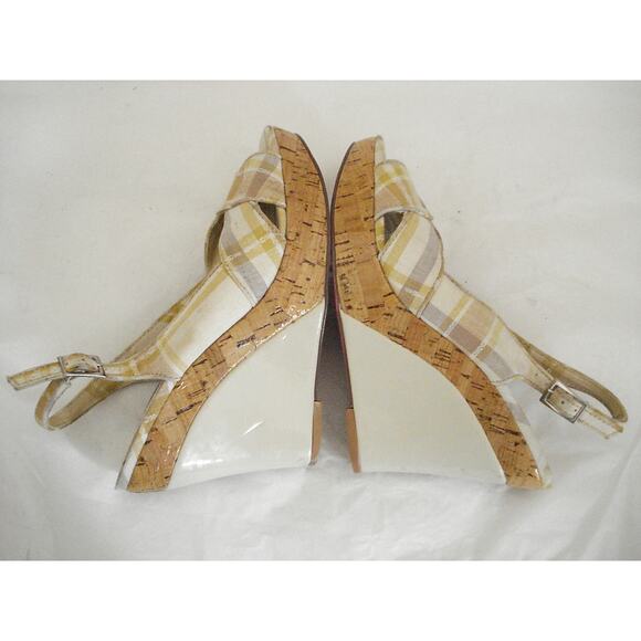 KENZIE IVORY & TAN PLAID COTTON SLINGBACK W PATENT LEATHER WEDGE HEEL SZ 6M - Picture 6 of 8